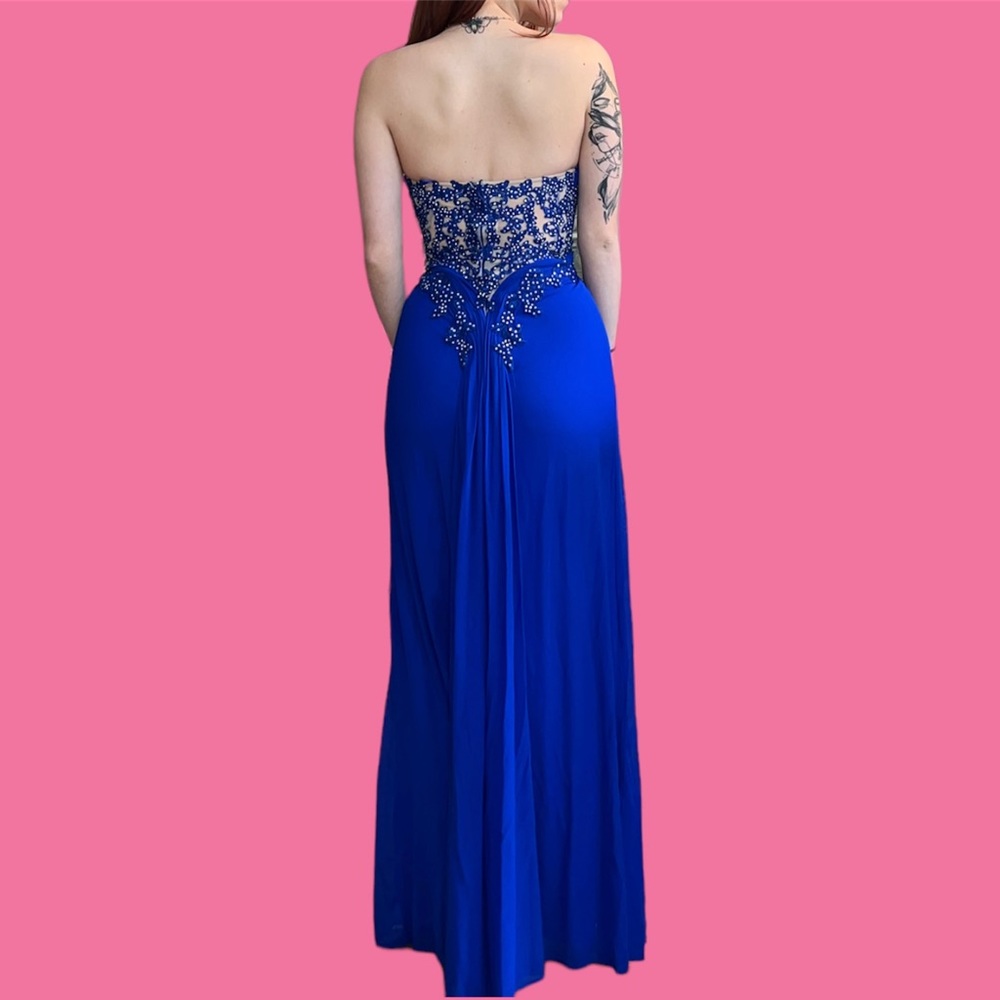 Strapless royal blue xscape prom dress